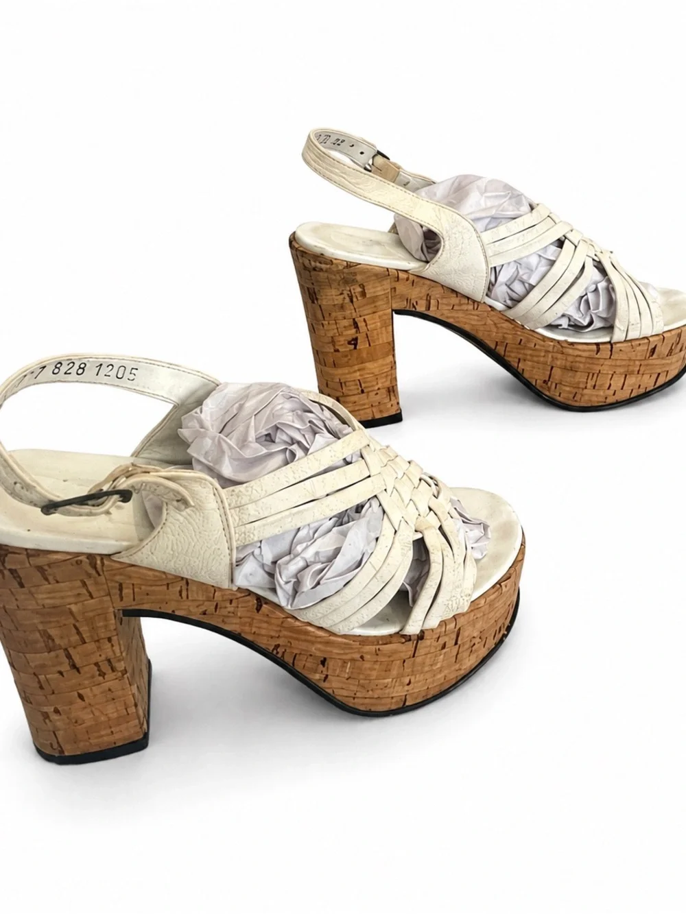 Vintage 70’s Woven White Leather Platform Sandals with Cork Heel